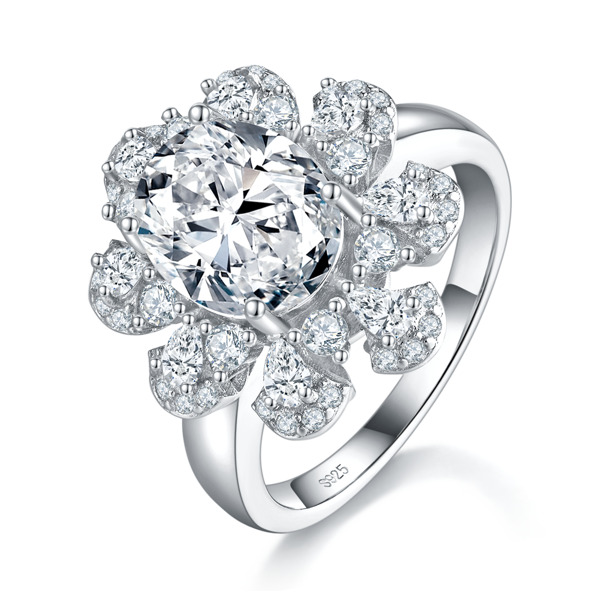 豪华蛋形女戒S925银镀白金定制选款主石莫桑钻3.0ct/副石高碳钻