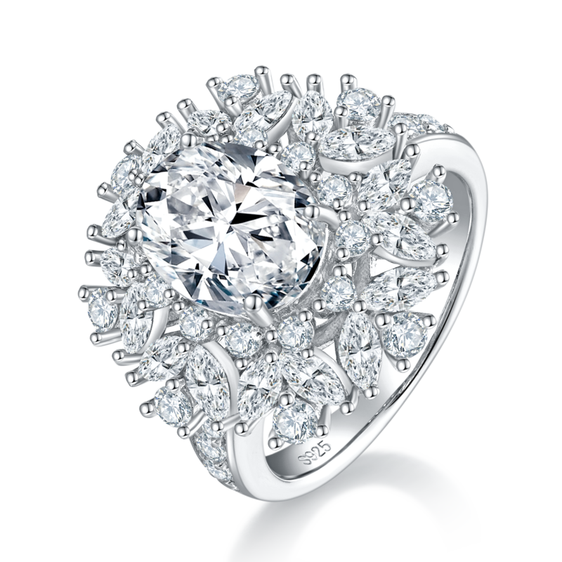 豪华蛋形女戒S925银镀白金定制选款主石莫桑钻3.0ct/副石高碳钻