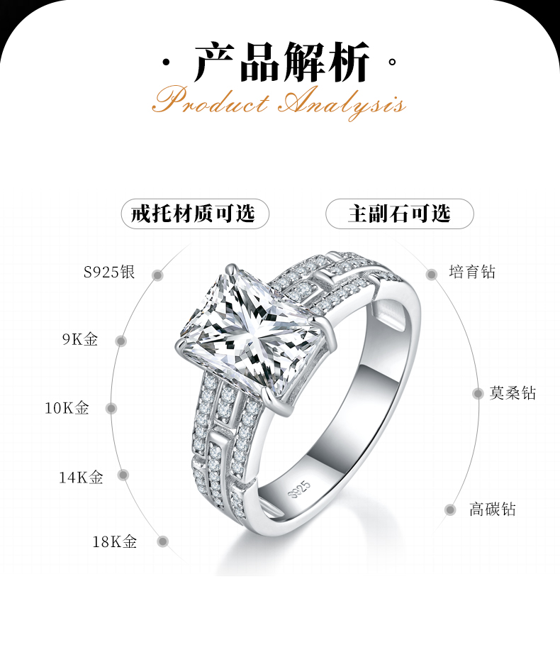 祖母切女戒S925银镀白金定制选款主石莫桑钻3.0ct/副石高碳钻 - 2