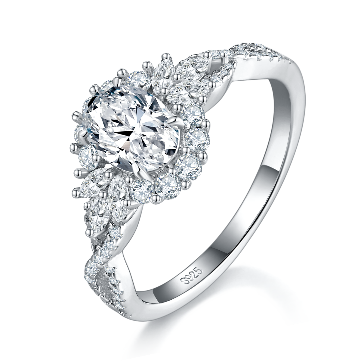Light Luxury Egg shaped Women's Ring S925 Silver Plated Platinum Customized Selection Main Stone Moissanite 1.0ct/Secondary Stone High Carbon Diamond