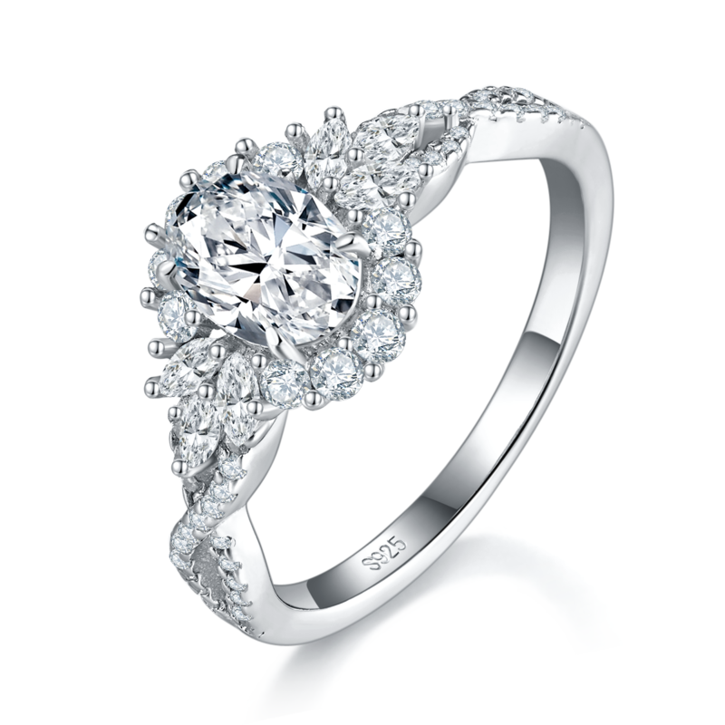 Affordable Luxury蛋形Women's RingS925银镀白金定制选款主石Moissanite1.0ct/副石高碳钻
