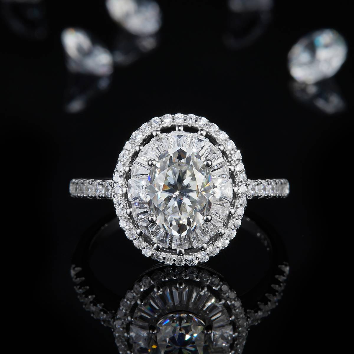 Egg shaped Full Diamond Women's Ring S925 Silver Plated Platinum Customized Selection Main Stone Moissanite 1.5ct/Secondary Stone High Carbon Diamond