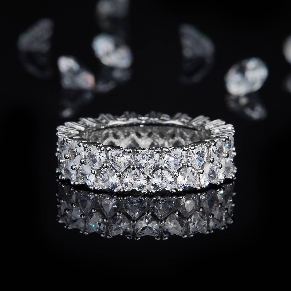 轻奢心形排戒S925银镀白金定制选款副石莫桑钻4.4ct