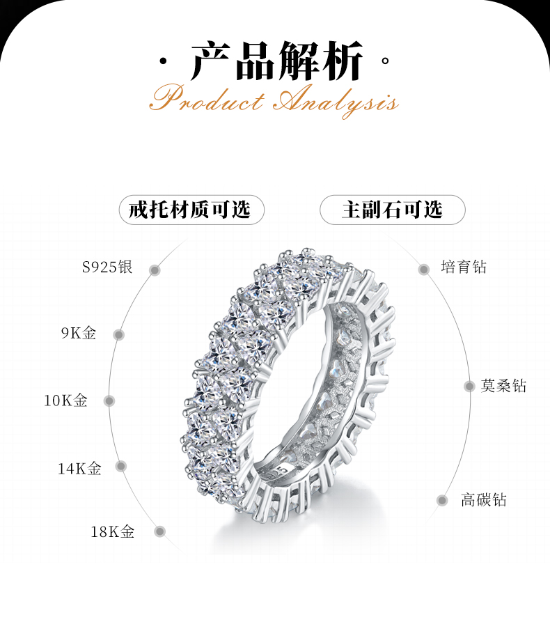 轻奢心形排戒S925银镀白金定制选款副石莫桑钻4.4ct - 2