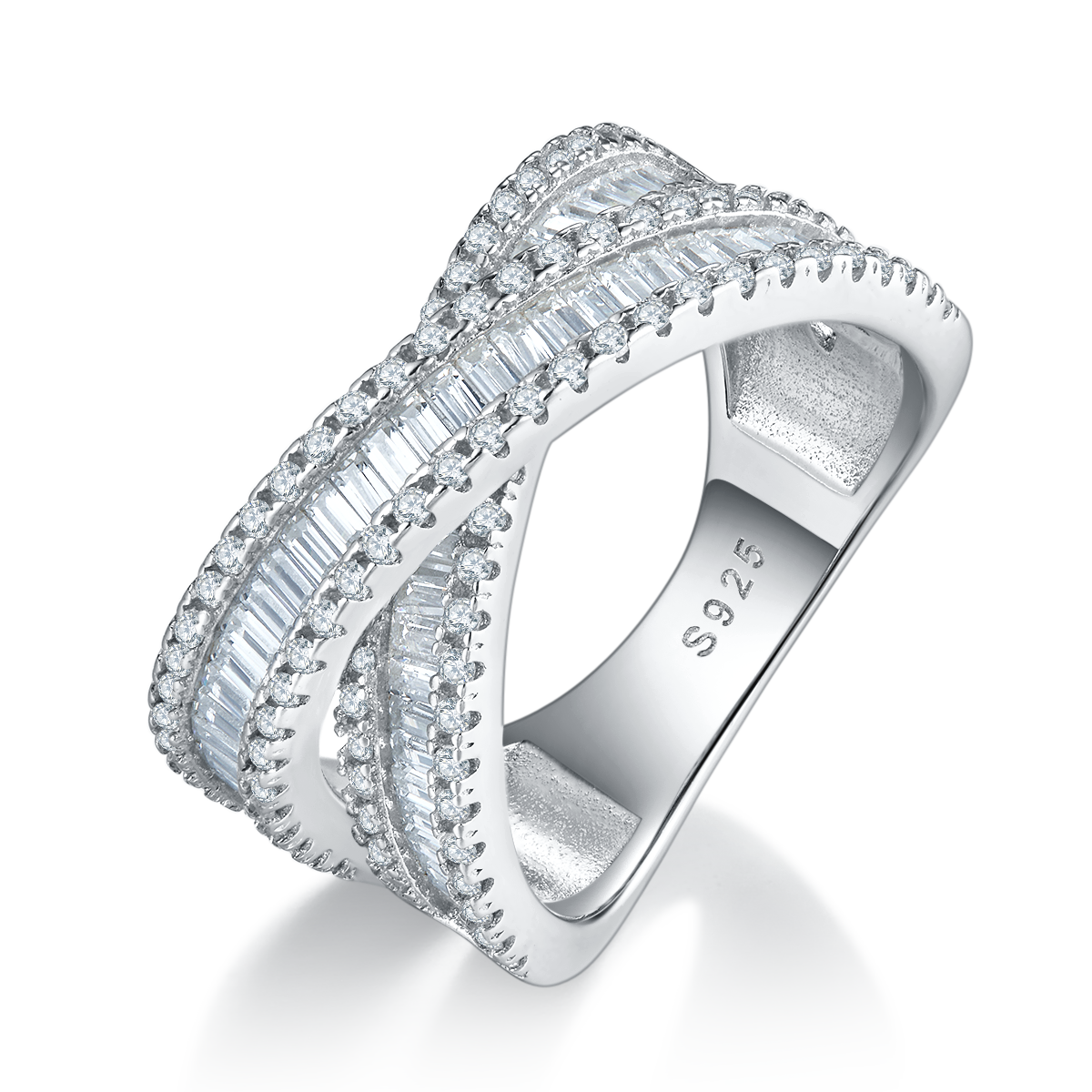 X形满钻排戒S925银镀白金定制选款副石莫桑钻3.2ct