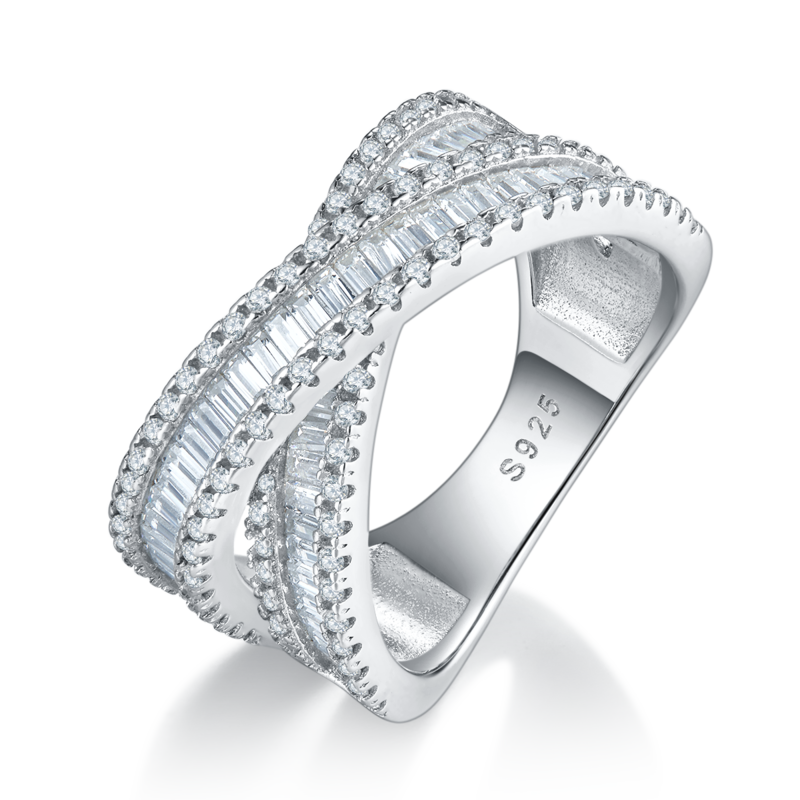 X形满钻排戒S925银镀白金定制选款副石Moissanite3.2ct