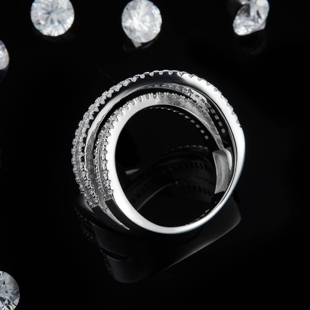 X形满钻排戒S925银镀白金定制选款副石莫桑钻3.2ct