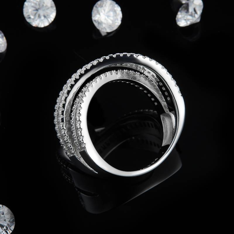 X形满钻排戒S925银镀白金定制选款副石Moissanite3.2ct