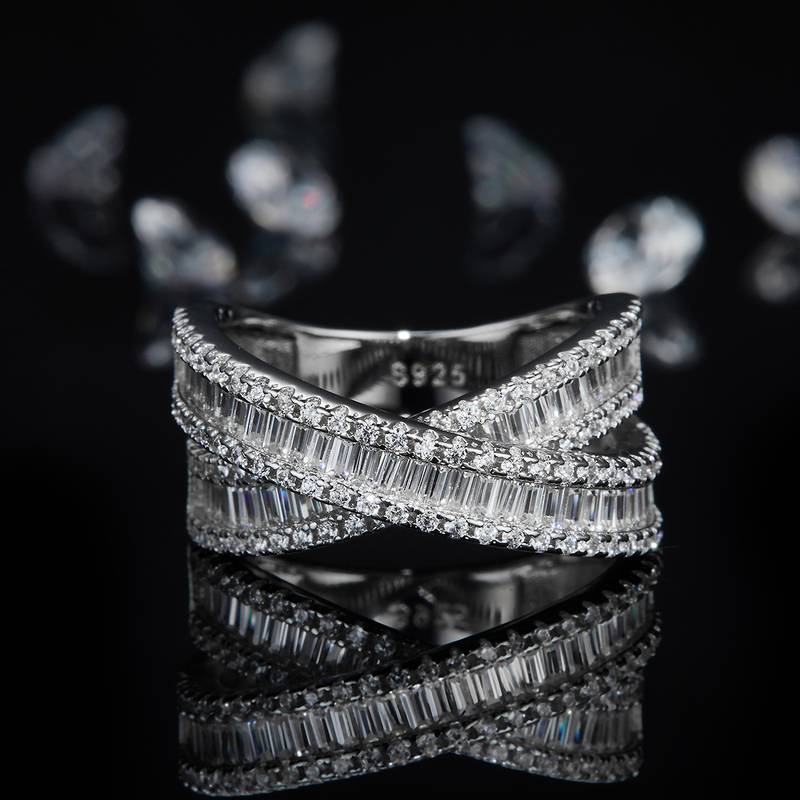 X形满钻排戒S925银镀白金定制选款副石Moissanite3.2ct
