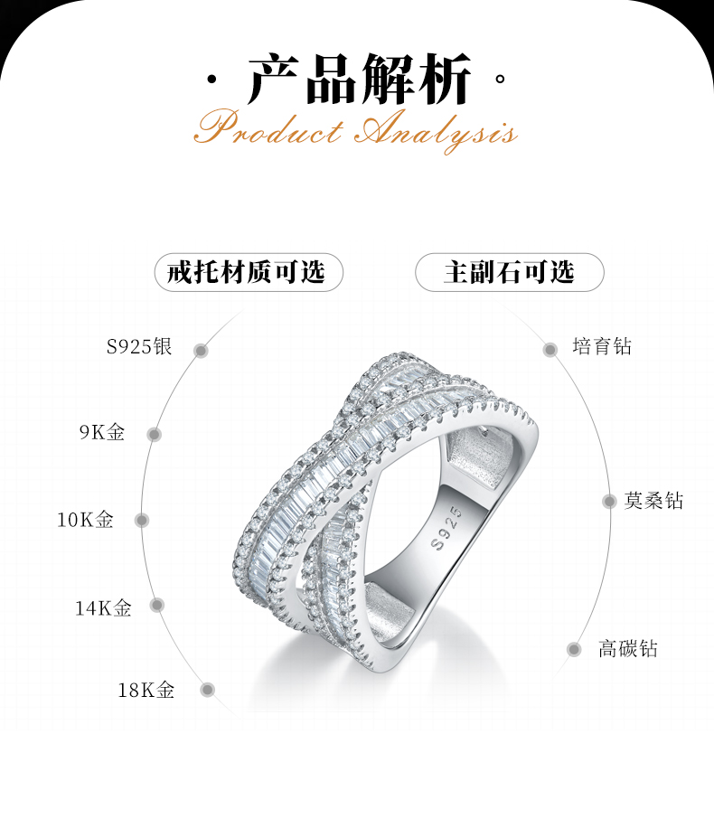 X形满钻排戒S925银镀白金定制选款副石莫桑钻3.2ct - 2