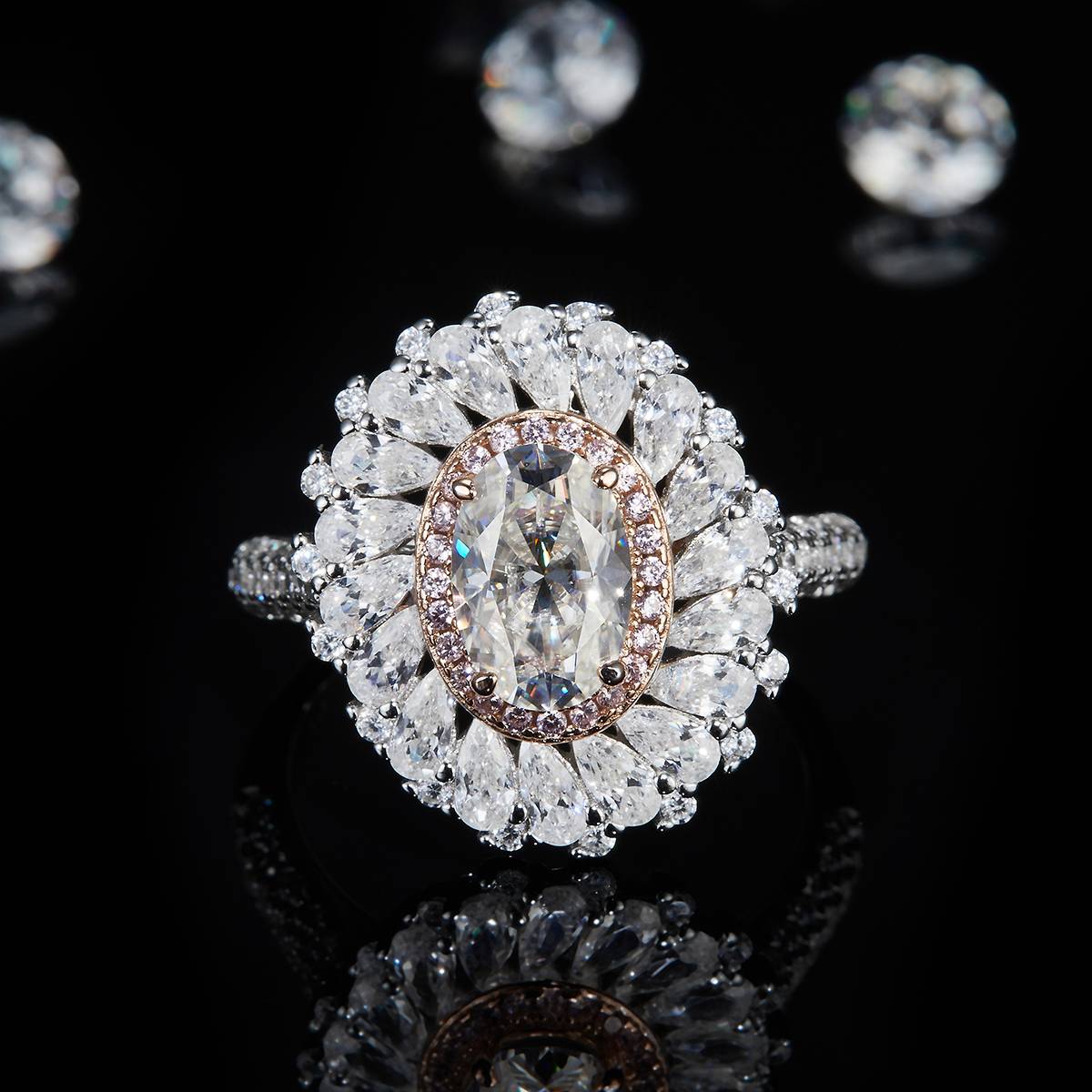 Luxury Full Diamond Egg shaped Women's Ring S925 Silver Plated Platinum Customized Selection Main Stone Moissanite 2.0ct/Accessory Stone 1