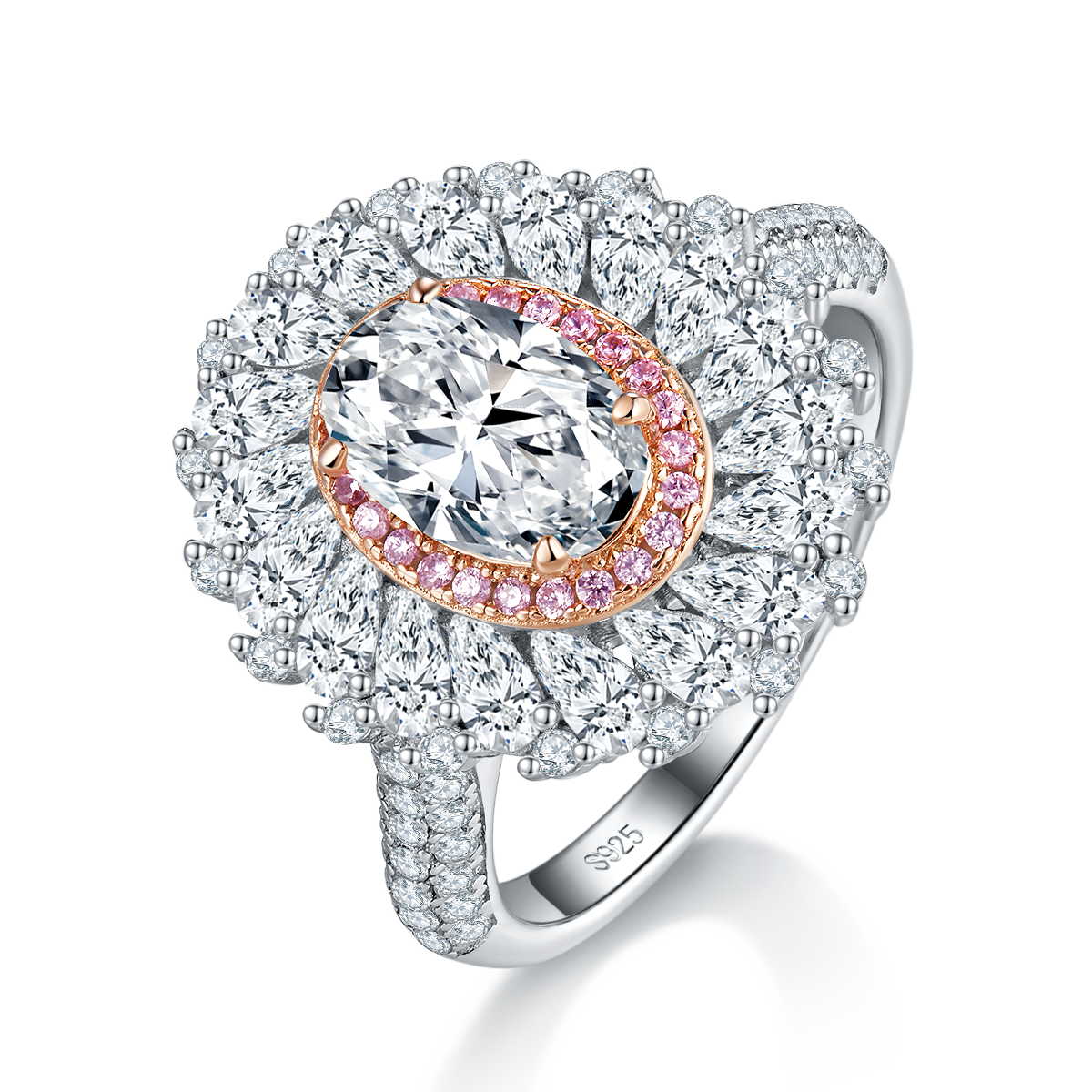 Luxury Full Diamond Egg shaped Women's Ring S925 Silver Plated Platinum Customized Selection Main Stone Moissanite 2.0ct/Accessory Stone 1