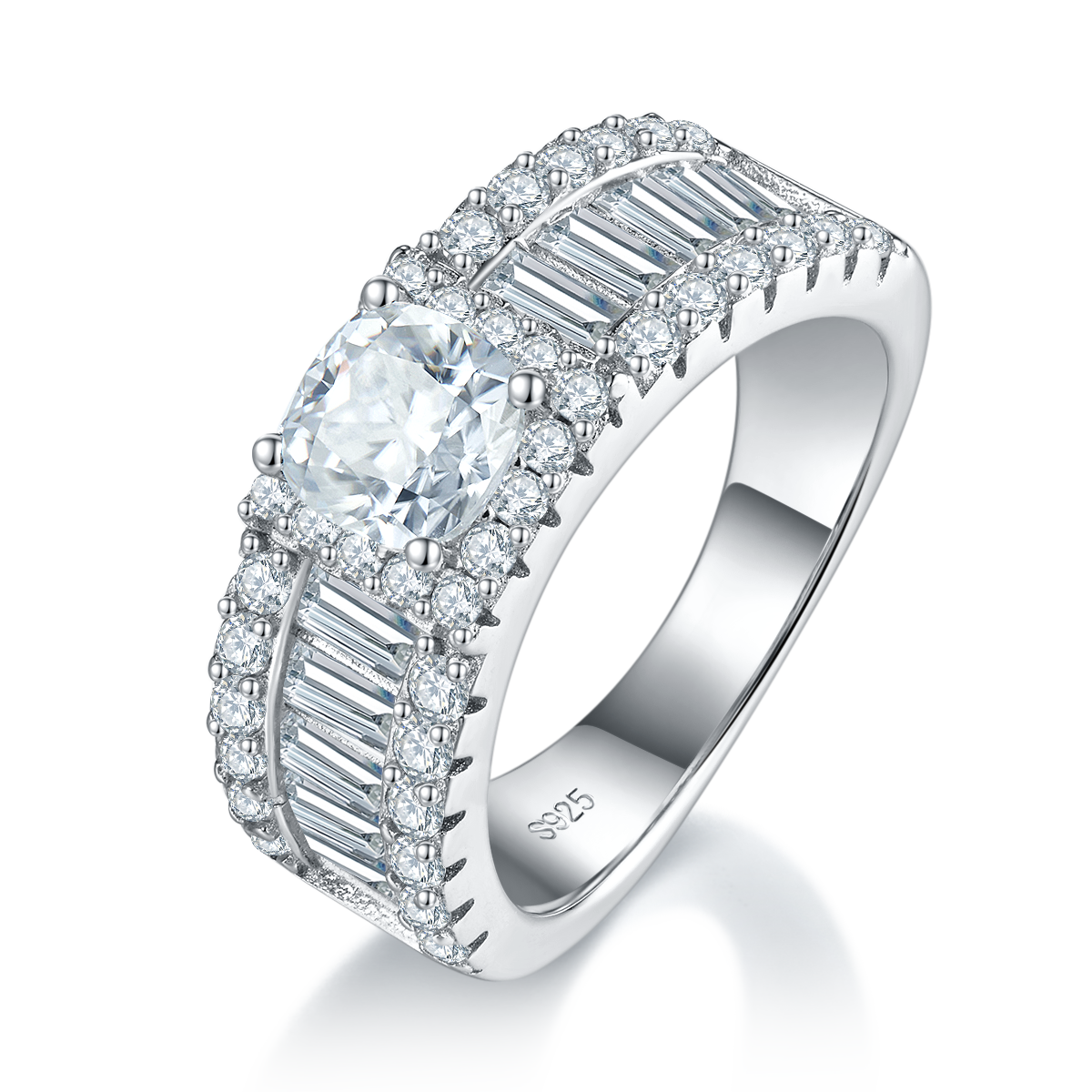 豪华枕形女戒S925银镀白金定制选款主石莫桑钻1.0ct/副石高碳钻