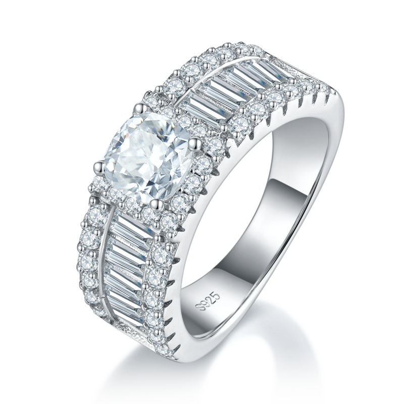 豪华枕形Women's RingS925银镀白金定制选款主石Moissanite1.0ct/副石高碳钻