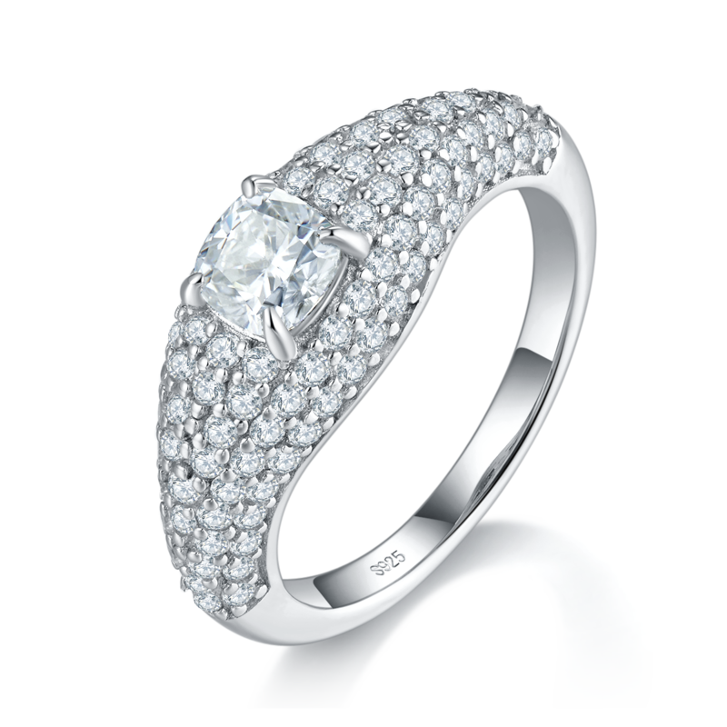 豪华满钻枕形Women's RingS925银镀白金定制选款主石Moissanite0.6ct/副石高碳钻