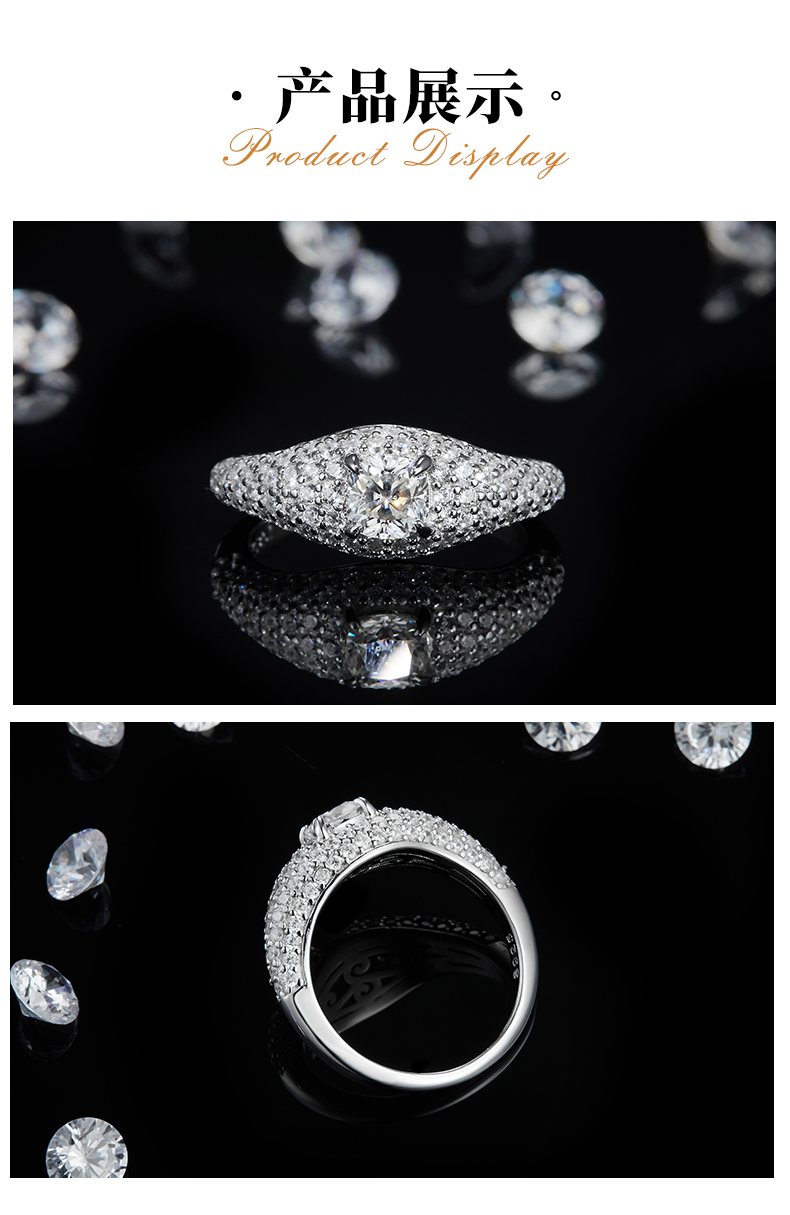 豪华满钻枕形女戒S925银镀白金定制选款主石莫桑钻0.6ct/副石高碳钻 - 3