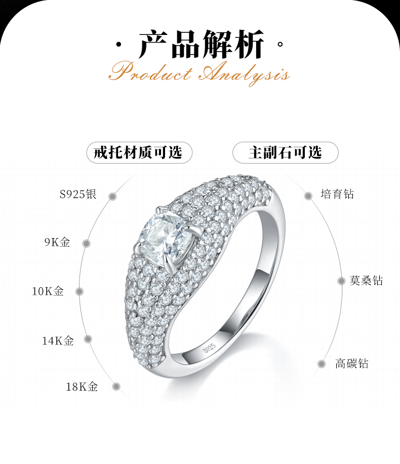 豪华满钻枕形女戒S925银镀白金定制选款主石莫桑钻0.6ct/副石高碳钻 - 2