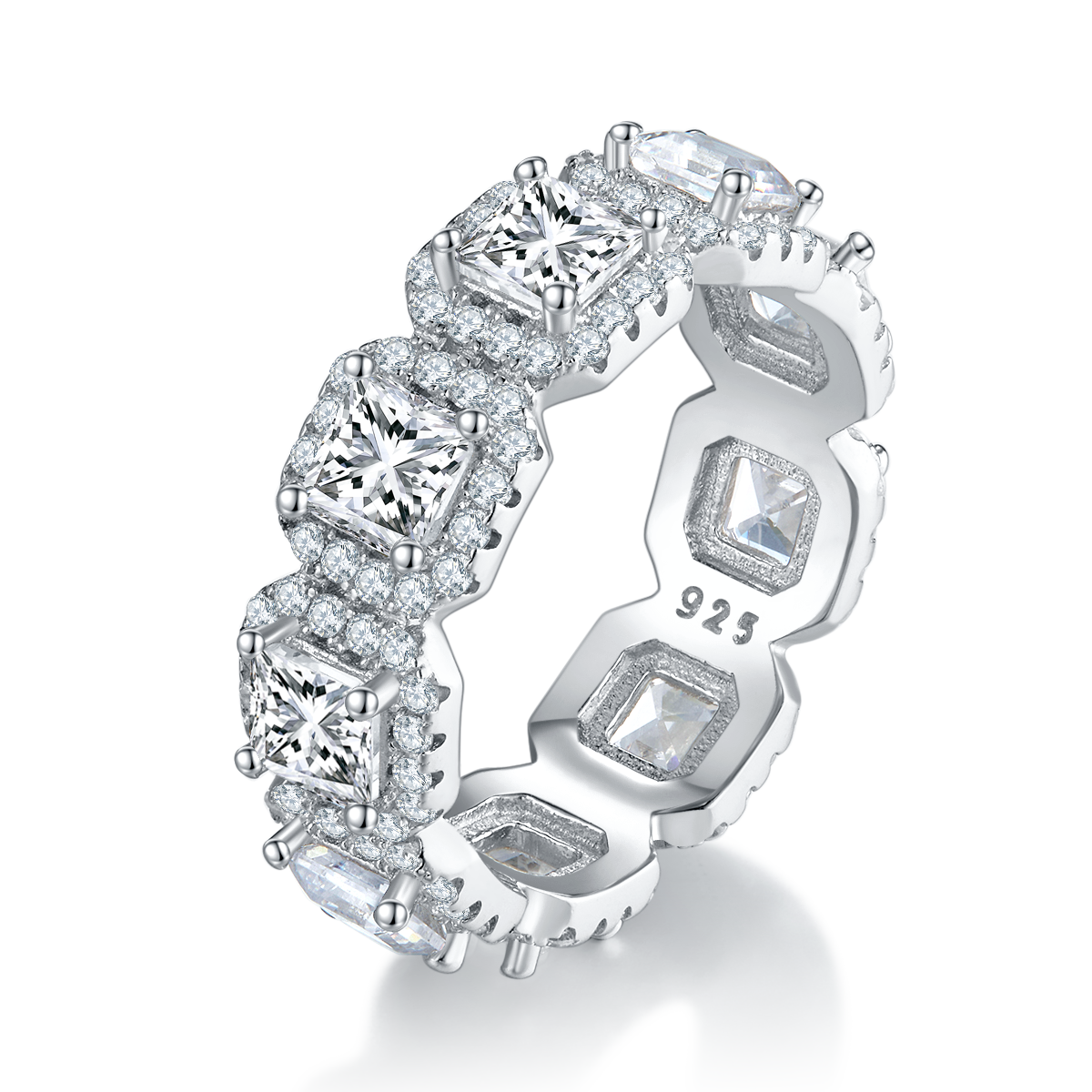 阿斯切排戒S925银镀白金女戒定制选款主副石莫桑钻4.3ct