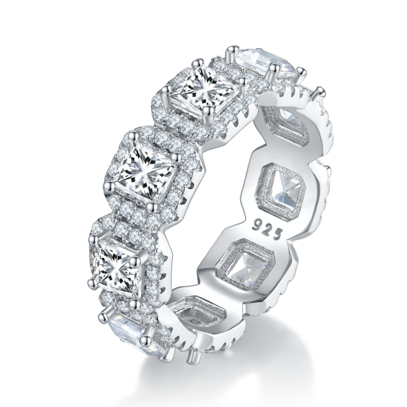 阿斯切排戒S925银镀白金女戒定制选款主副石莫桑钻4.3ct