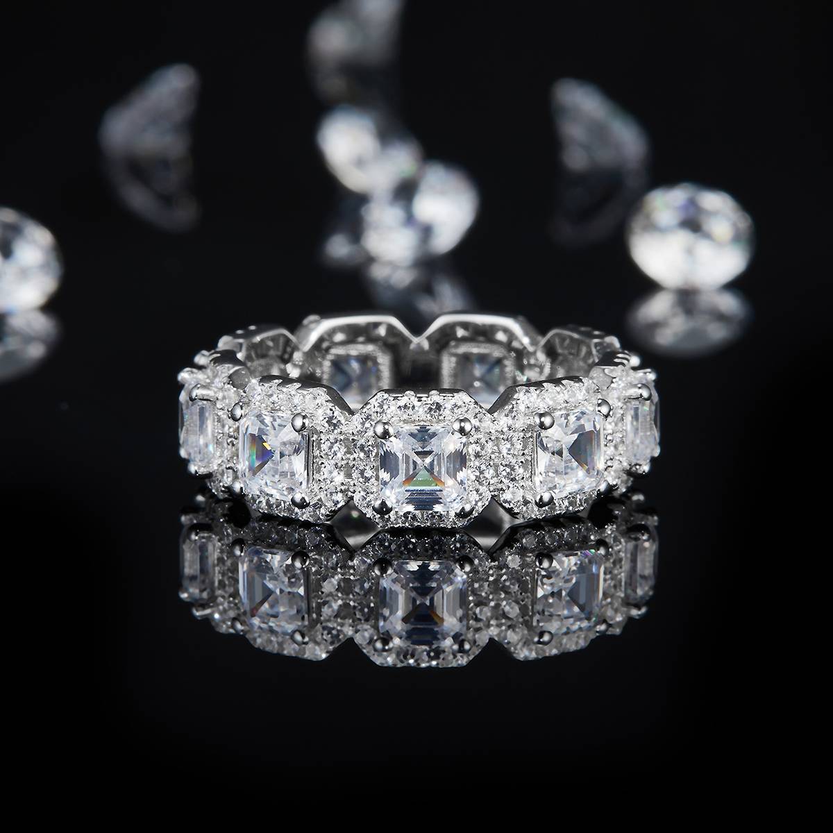 阿斯切排戒S925银镀白金女戒定制选款主副石莫桑钻4.3ct
