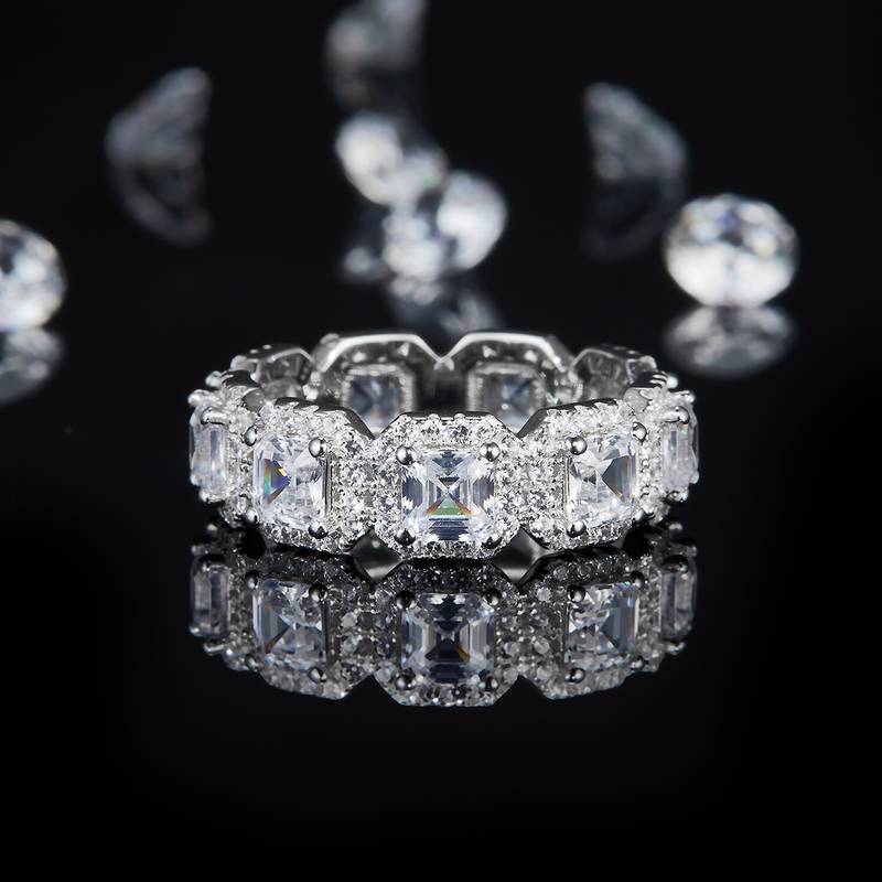 阿斯切排戒S925银镀白金女戒定制选款主副石莫桑钻4.3ct