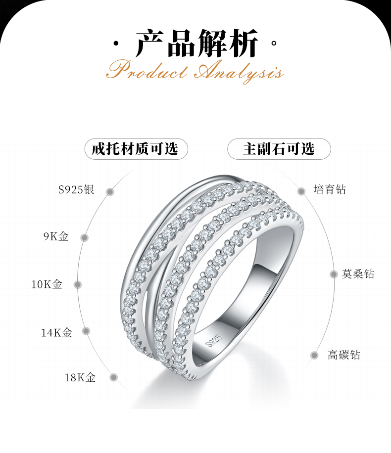 排戒S925银镀白金女戒定制选款副石莫桑钻0.6ct - 2