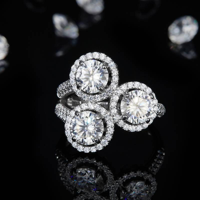 三石款圆包S925银镀白金Women's Ring定制选款主石Moissanite2.4ct/副石高碳钻