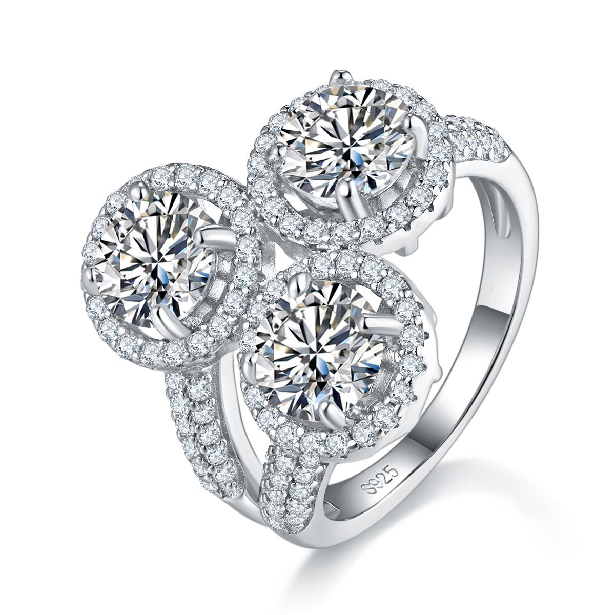 三石款圆包S925银镀白金女戒定制选款主石莫桑钻2.4ct/副石高碳钻