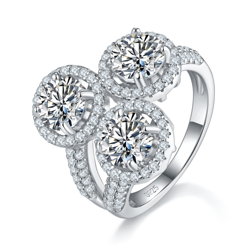 三石款圆包S925银镀白金Women's Ring定制选款主石Moissanite2.4ct/副石高碳钻