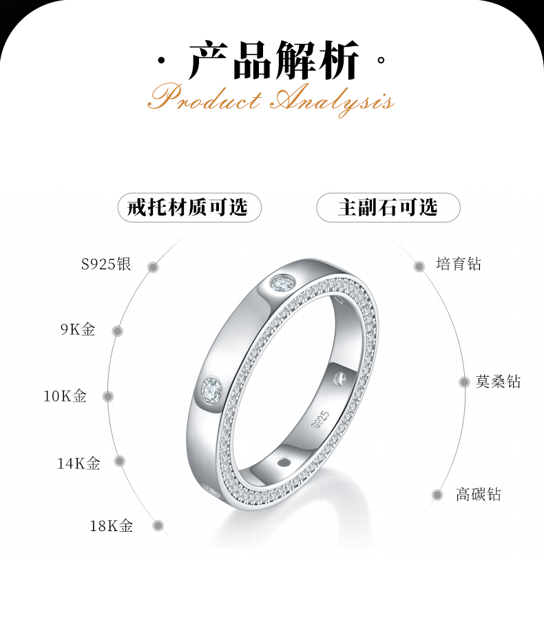 简约时尚S925银镀白金女戒定制选款副石莫桑钻0.81ct - 2