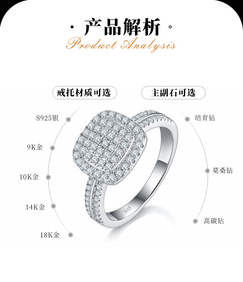 简约女戒S925银镀白金定制选款副石莫桑钻0.61ct - 2