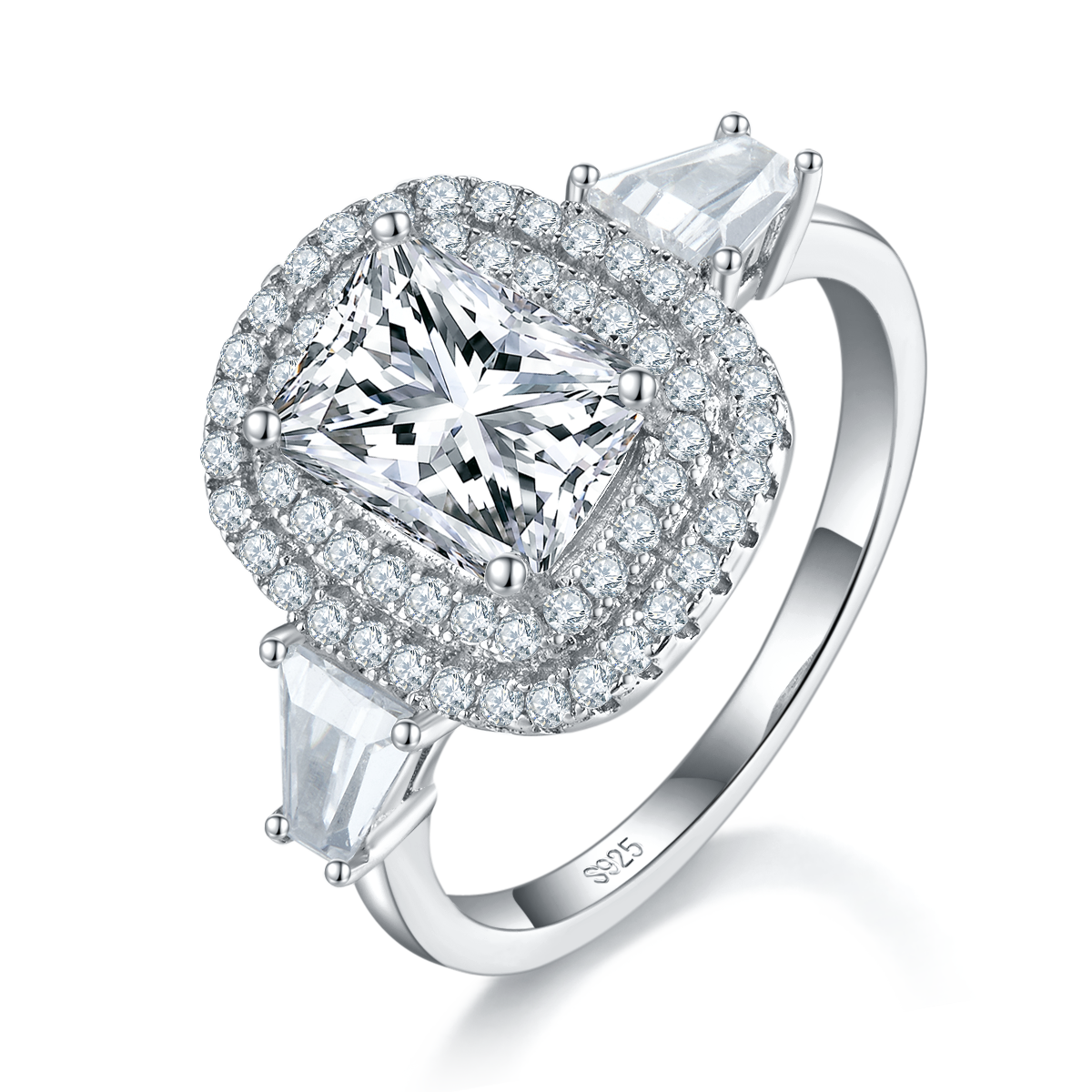 豪华枕形女戒S925银镀白金定制选款莫桑钻2.0ct/副石高碳钻