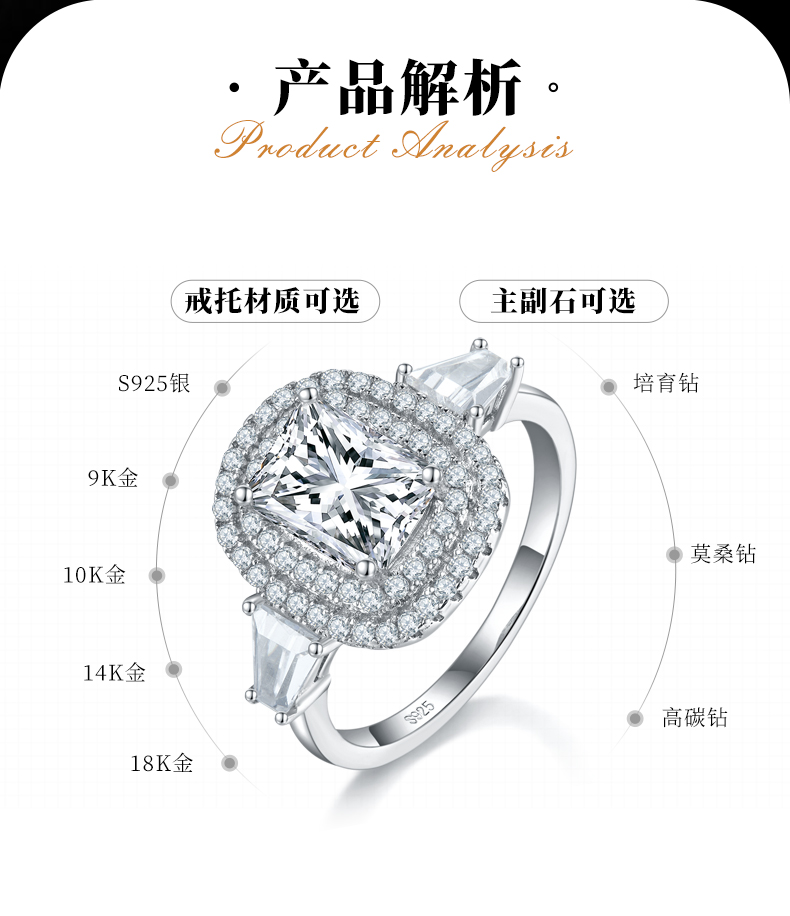 豪华枕形女戒S925银镀白金定制选款莫桑钻2.0ct/副石高碳钻 - 2