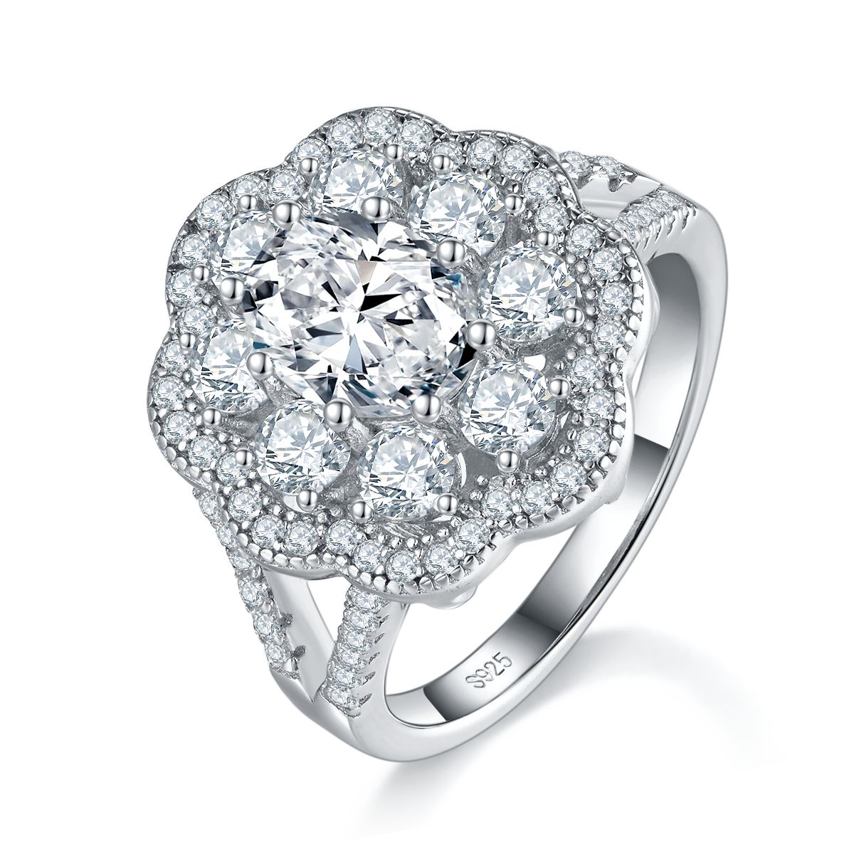 满钻围镶蛋形S925银镀白金女戒定制选款主石莫桑钻1.5ct/副石高碳钻