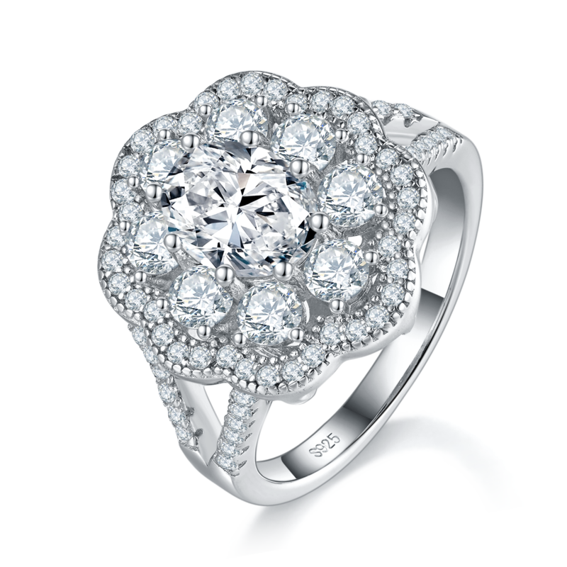 满钻围镶蛋形S925银镀白金Women's Ring定制选款主石Moissanite1.5ct/副石高碳钻