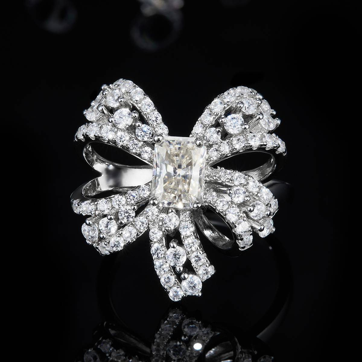 Full Diamond Light Luxury Bow Women's Ring S925 Silver Plated Platinum Customized Selection Main Stone Moissanite 1.0ct/Sub Stone Cubic Zirconia