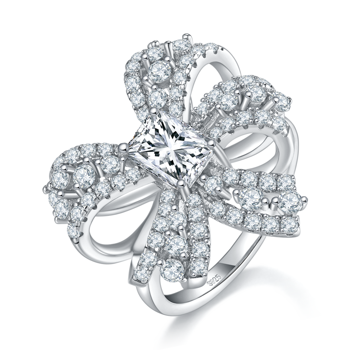 Full Diamond Light Luxury Bow Women's Ring S925 Silver Plated Platinum Customized Selection Main Stone Moissanite 1.0ct/Sub Stone Cubic Zirconia