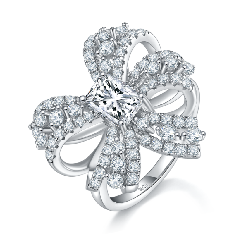 满钻Affordable Luxury蝴蝶结Women's RingS925银镀白金定制选款主石Moissanite1.0ct/副石高碳钻