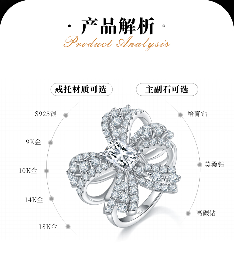 满钻轻奢蝴蝶结女戒S925银镀白金定制选款主石莫桑钻1.0ct/副石高碳钻 - 2