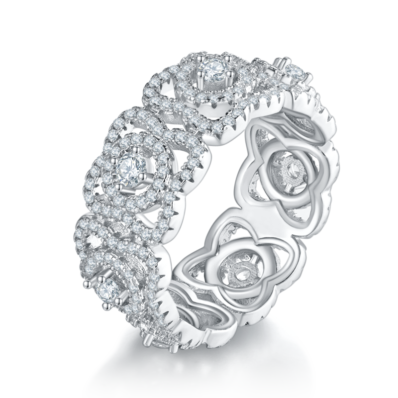 轻奢满钻排戒S925银镀白金女戒定制选款副石莫桑钻1.5ct