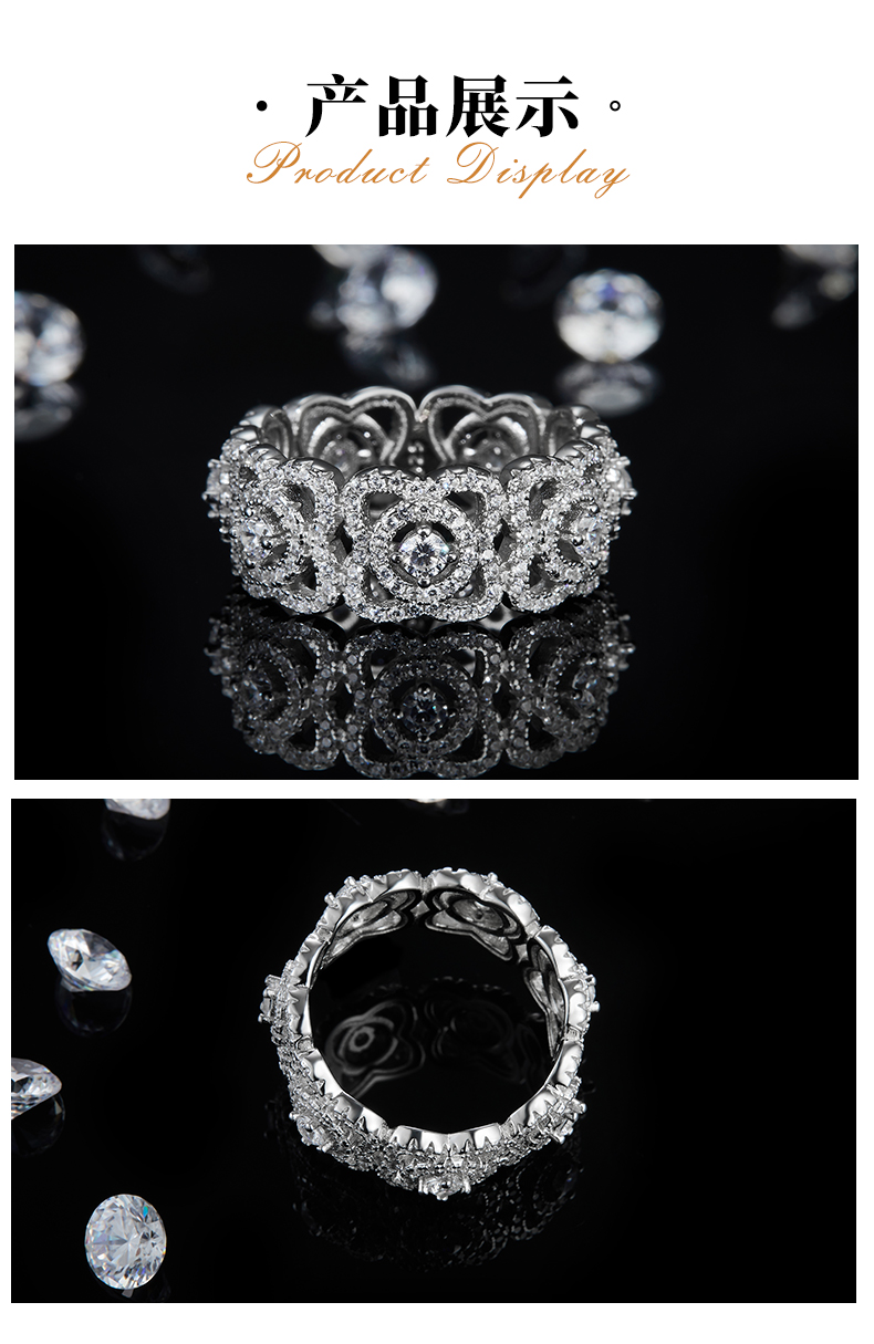 轻奢满钻排戒S925银镀白金女戒定制选款副石莫桑钻1.5ct - 3