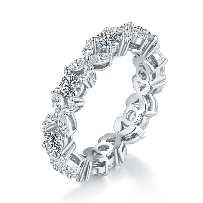 不规则碎钻排戒S925银镀白金女戒定制选款副石莫桑钻3.2ct