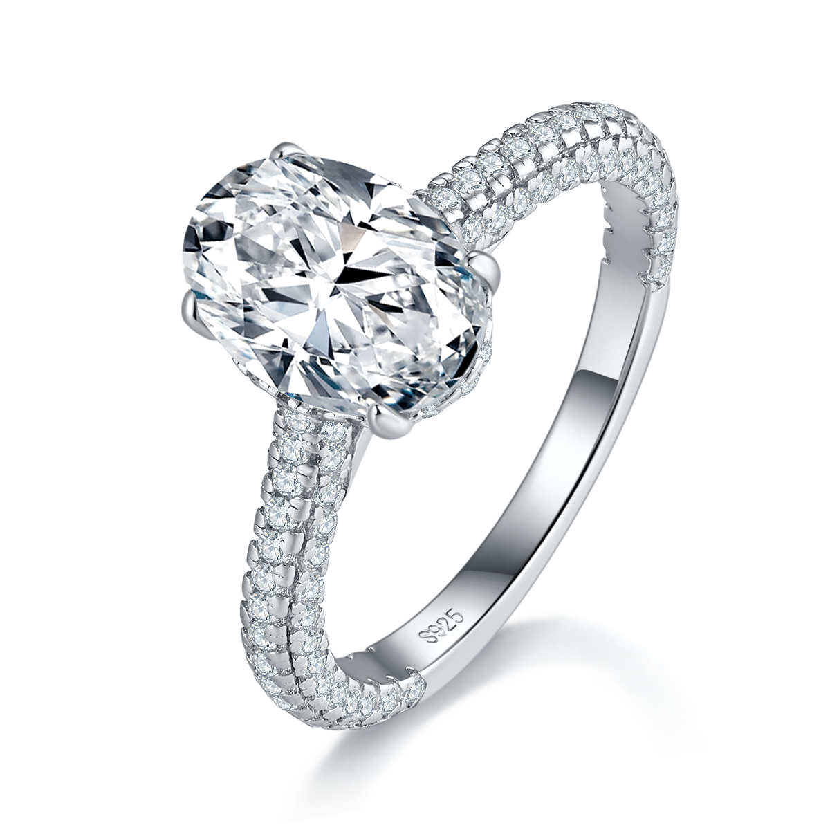 蛋形女戒S925银镀白金定制选款莫桑钻2.5ct/副石高碳钻