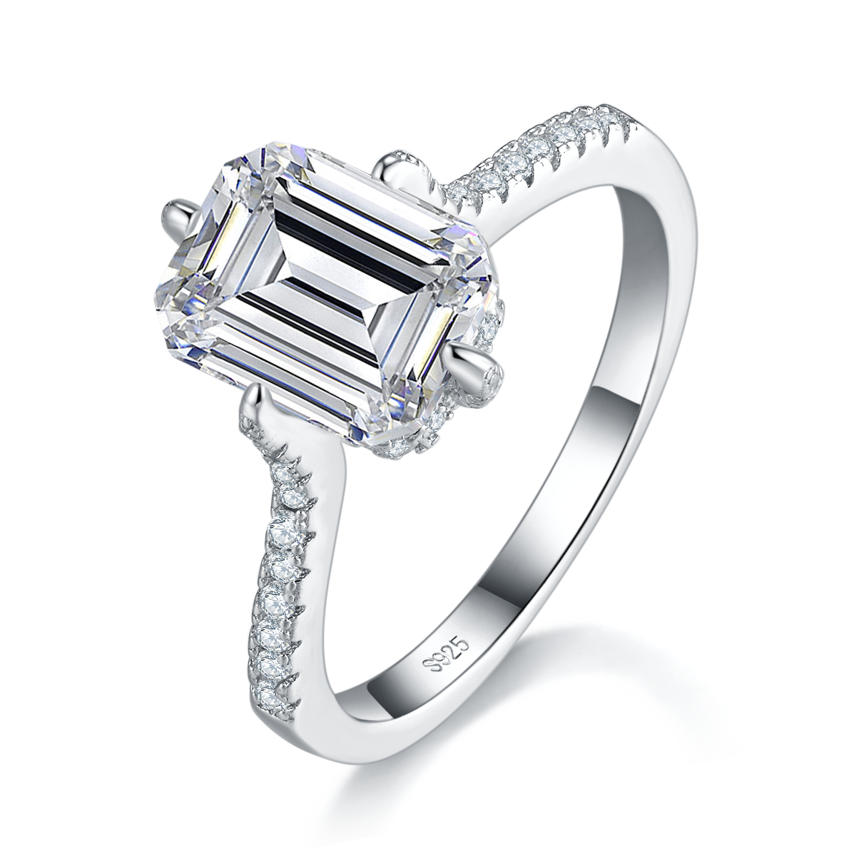 长方钻女戒S925银镀白金定制选款莫桑钻2.0ct/副石高碳钻