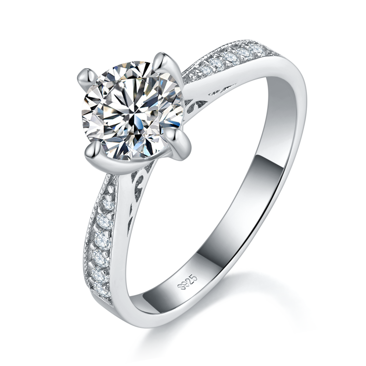 Micro Inlaid Four Claw Women's Ring S925 Silver Plated Platinum Women's Ring Customized Selection Main Stone Moissanite 1.0ct/Sub Stone Cubic Zirconia