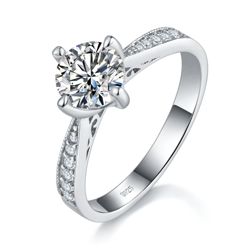 微镶四爪Women's RingS925银镀白金Women's Ring定制选款主石Moissanite1.0ct/副石高碳钻