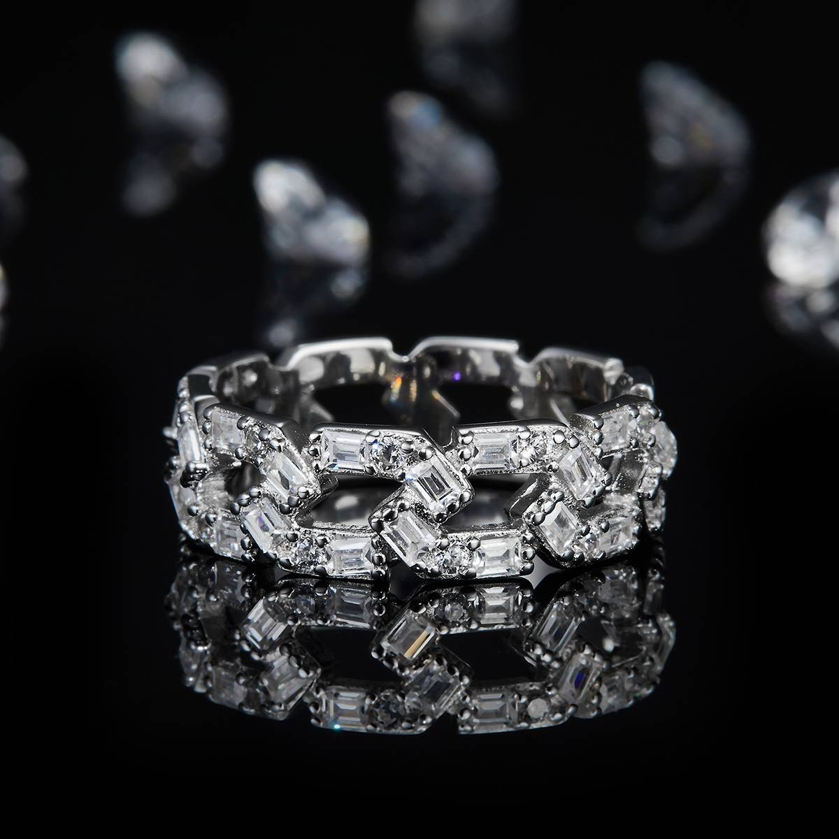 古巴链排戒S925银镀白金女戒定制选款副石莫桑钻1.62ct