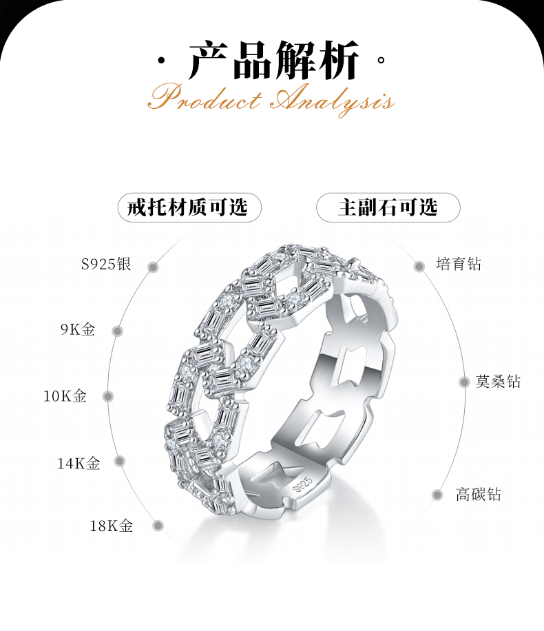 古巴链排戒S925银镀白金女戒定制选款副石莫桑钻1.62ct - 2
