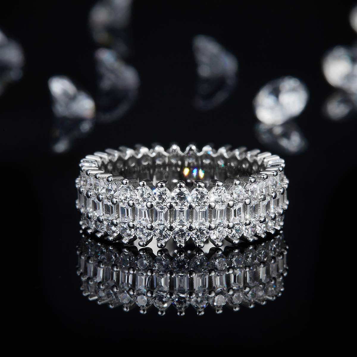 Rectangular Diamond Ring S925 Silver Plated Platinum Women's Ring Customized Selection Side Stone Moissanite 3.8ct