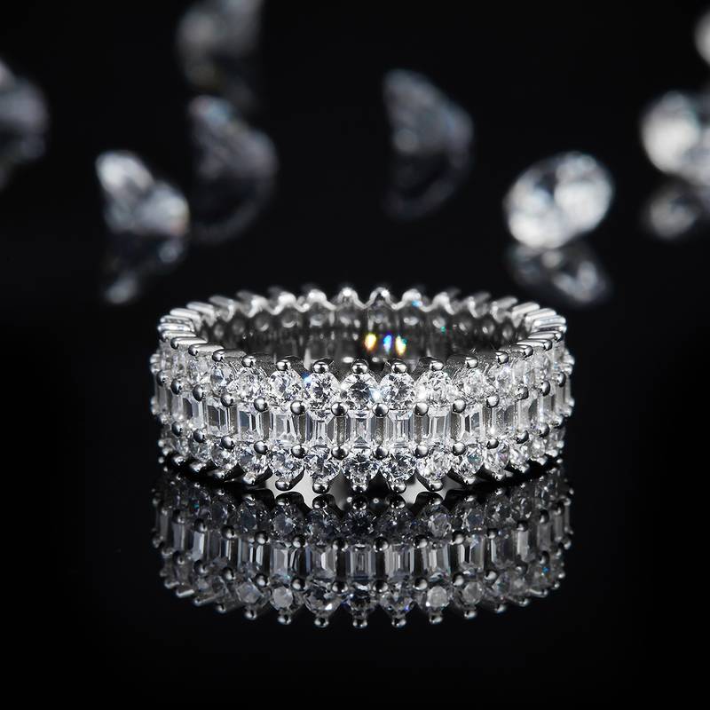 长方钻排戒S925银镀白金Women's Ring定制选款副石Moissanite3.8ct
